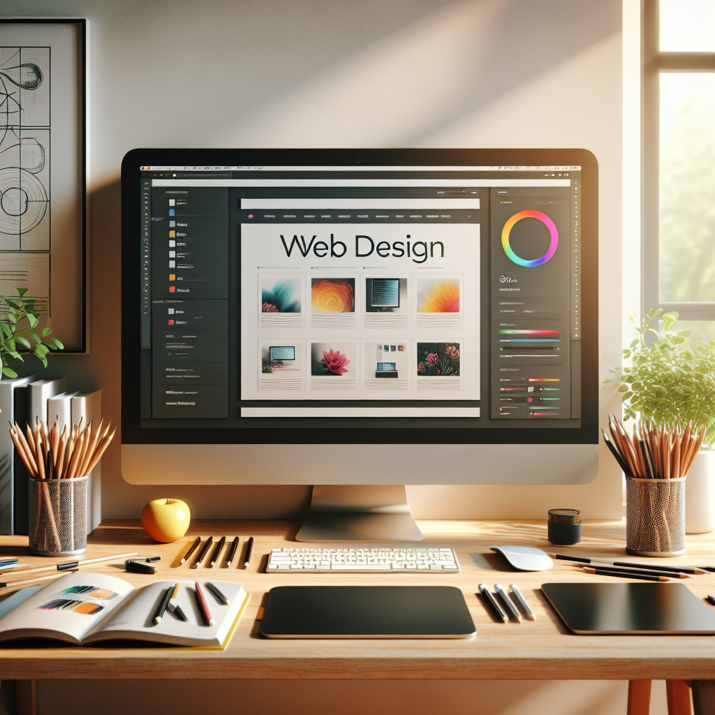 A modern workspace showcasing tools for website design with a colorful computer screen displaying a design layout.