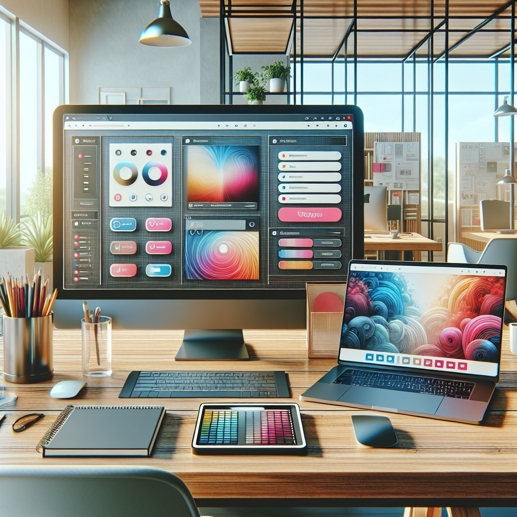 A digital workspace with multiple screens showing website design tools and a laptop.