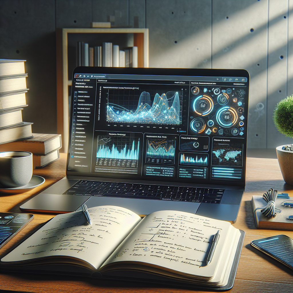 An office workspace with a laptop, notepad, coffee cup, and a small potted plant.
