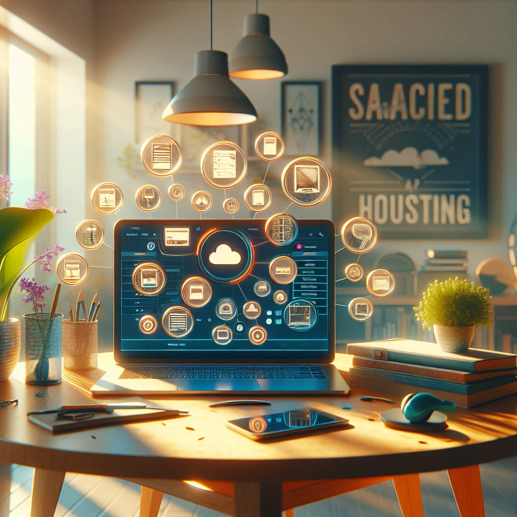 A workspace for web hosting selection with a laptop and hosting service icons.