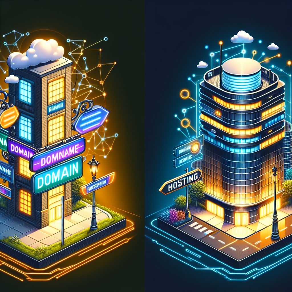 An illustration depicting the concepts of domain and hosting services, with a street sign and a modern building.