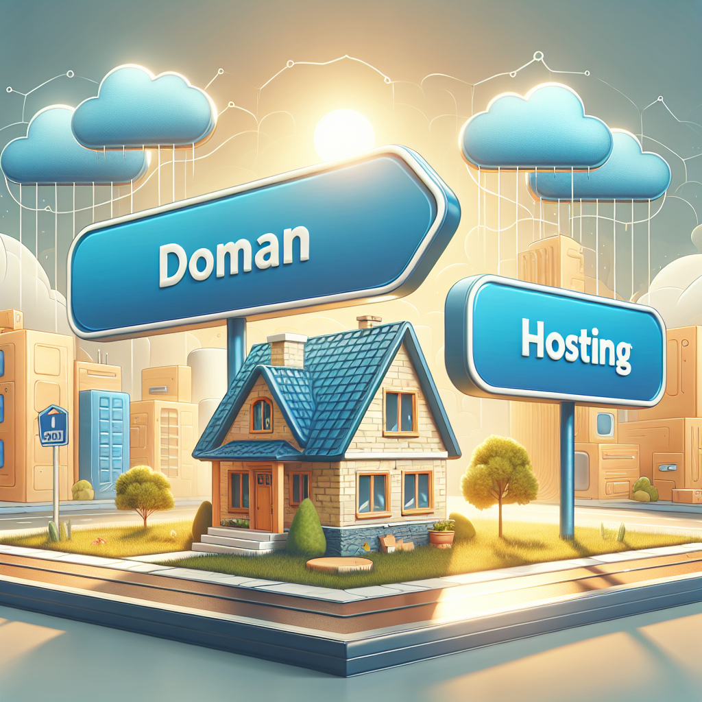 An abstract representation of domain and hosting services showing a 'Domain' street sign and a cozy house symbolizing 'Hosting'.