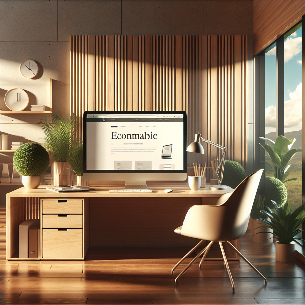 A serene office environment with a computer on a desk showing a website interface, surrounded by plants and a bright window.