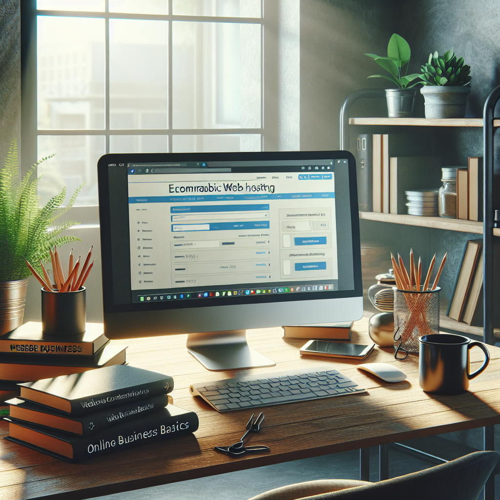 An office desk with a laptop, books about online business, a potted plant, and a coffee cup, symbolizing affordable website hosting.