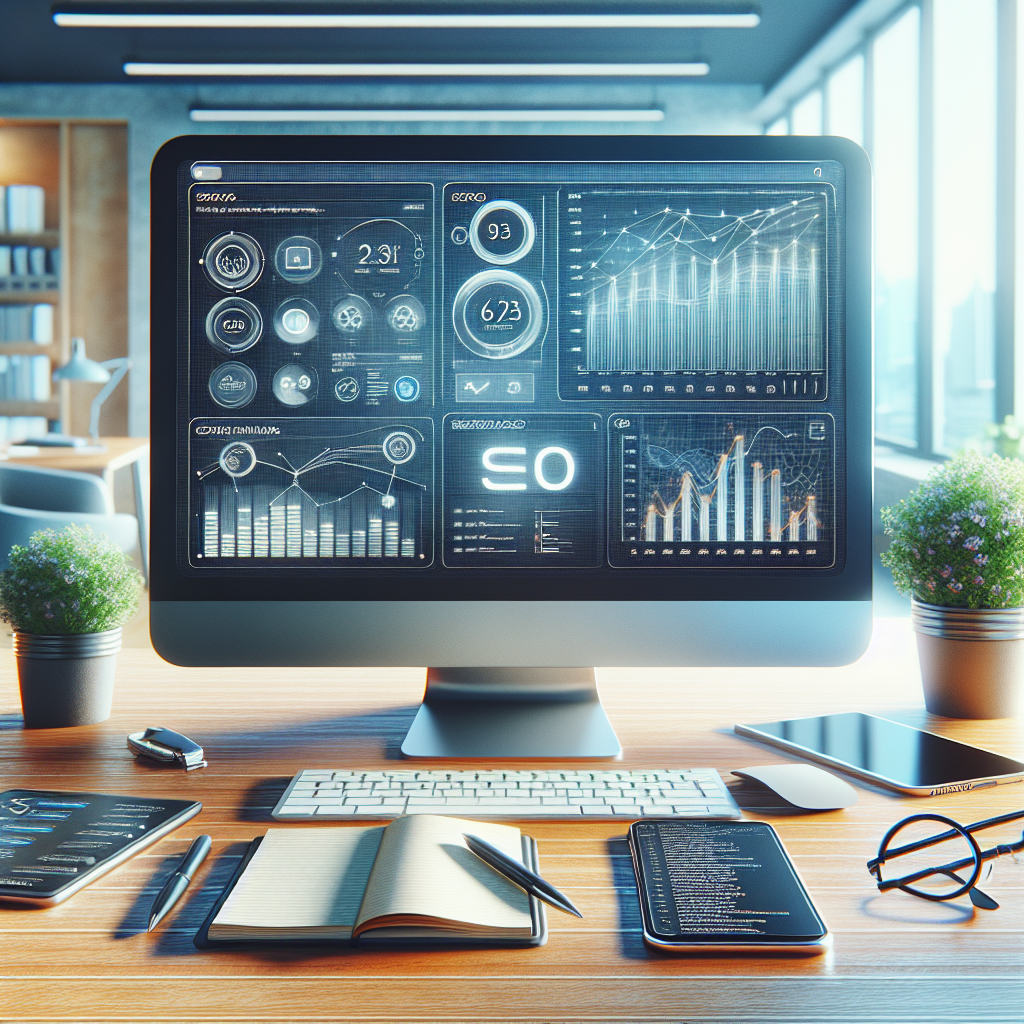 A digital workspace showing SEO optimization tools and a computer monitor with traffic graphs.