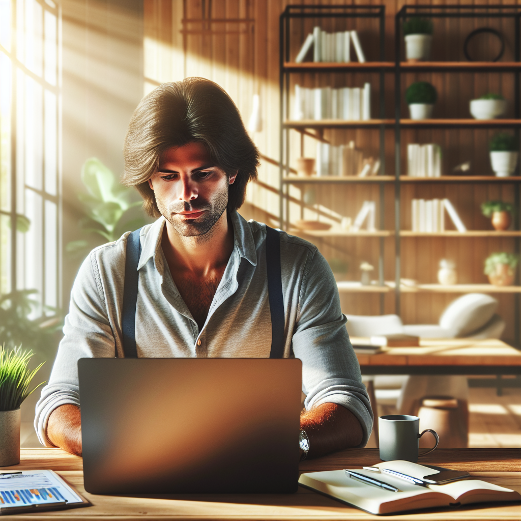 A young adult working on SEO at a modern workspace.
