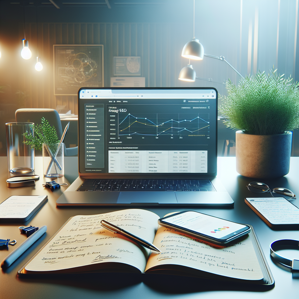 A modern workspace showcasing SEO optimization tools, including a laptop, smartphone, notepad, and a plant.