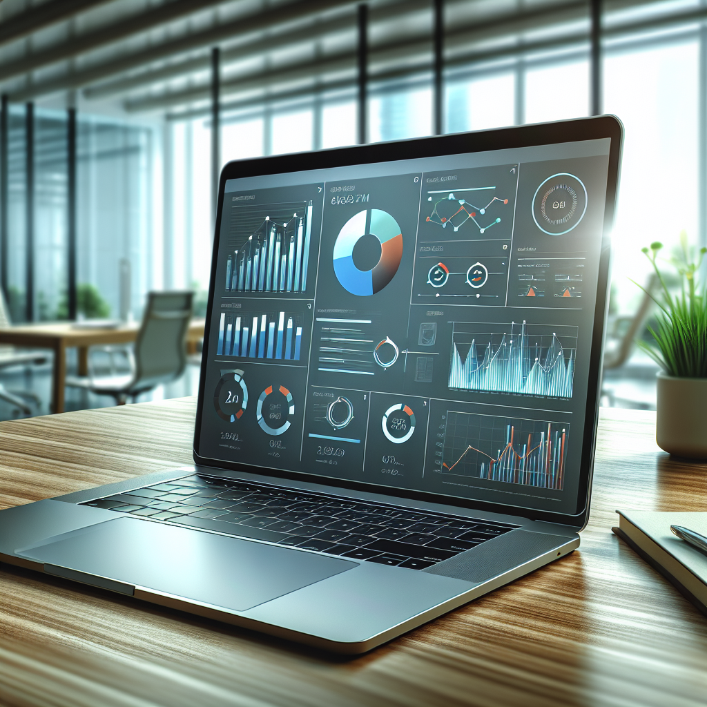 A laptop displaying website performance metrics on a modern desk in a bright office.