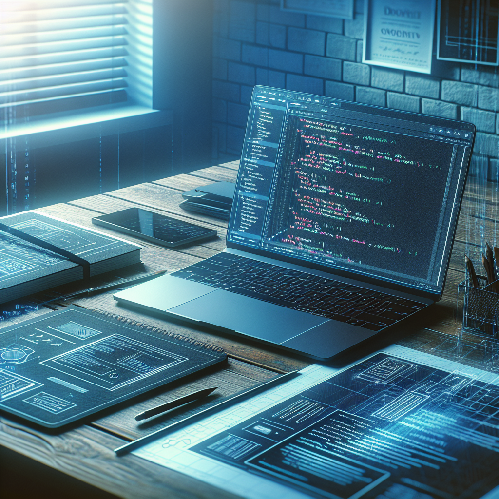 A workspace featuring web development tools including a laptop, notebook, and tablet.
