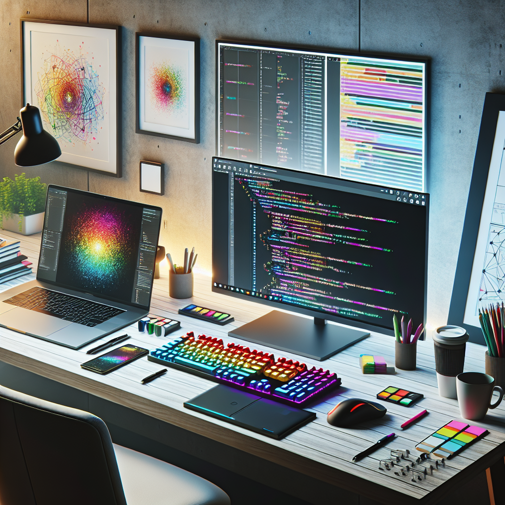 A web developer's workspace with a laptop, keyboard, monitor, and accessories.