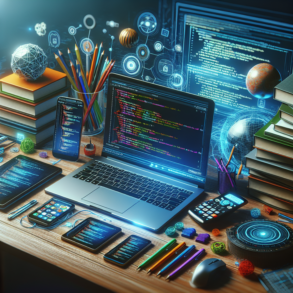 A workspace with various web development tools including a laptop, smartphone, and books.