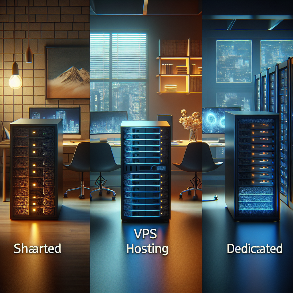 A realistic depiction of different website hosting service setups: shared, VPS, and dedicated hosting servers.