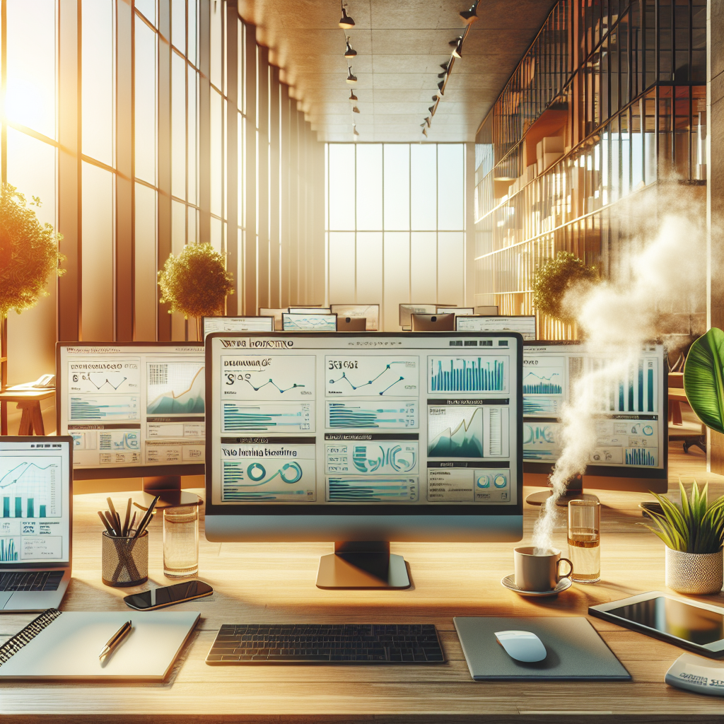 A modern office workspace with multiple computer monitors and hosting comparison charts.