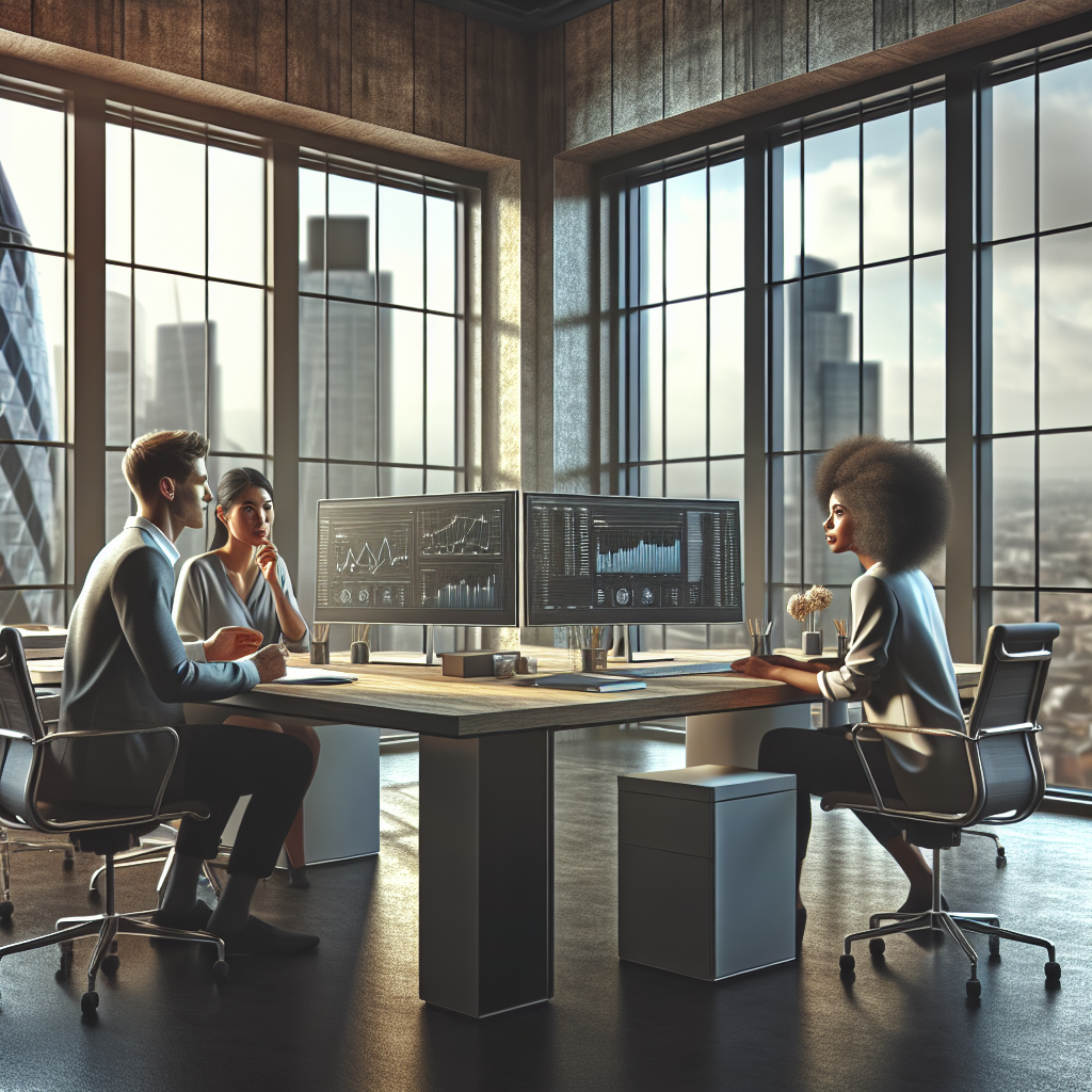 A modern UK office environment with professionals discussing web hosting, featuring monitors and a view of the London skyline.