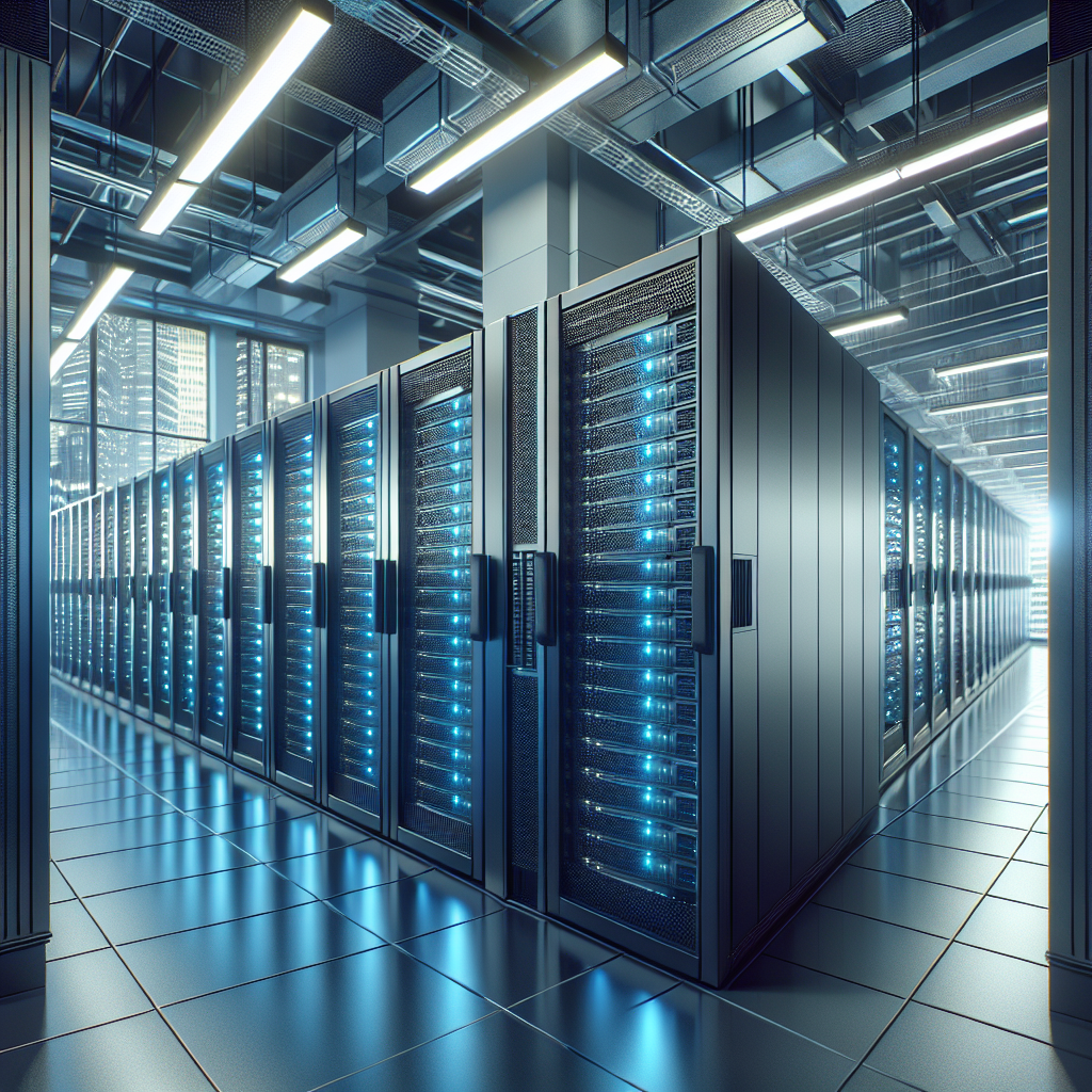 A modern server room with high-end servers and a blurred cityscape in the background.