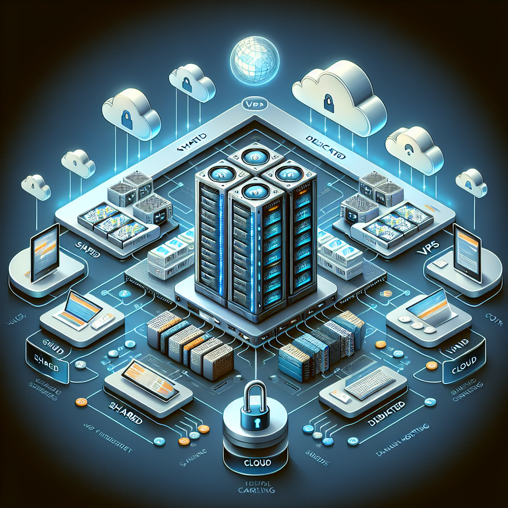Illustration of various web hosting services including shared, VPS, dedicated, and cloud hosting in a technology-inspired design.
