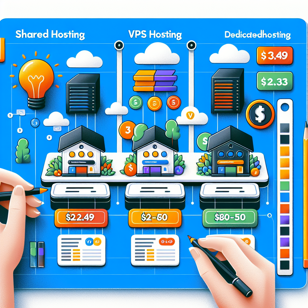 An illustration showing three types of web hosting services: Shared, VPS, and Dedicated Hosting.