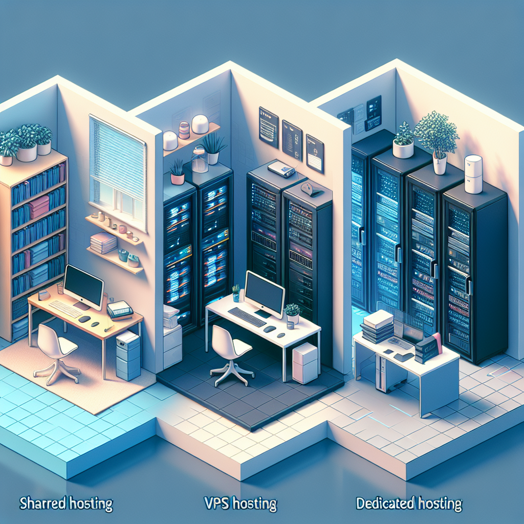An illustration of three website hosting services: Shared Hosting, VPS Hosting, and Dedicated Hosting, showing varied office setups.
