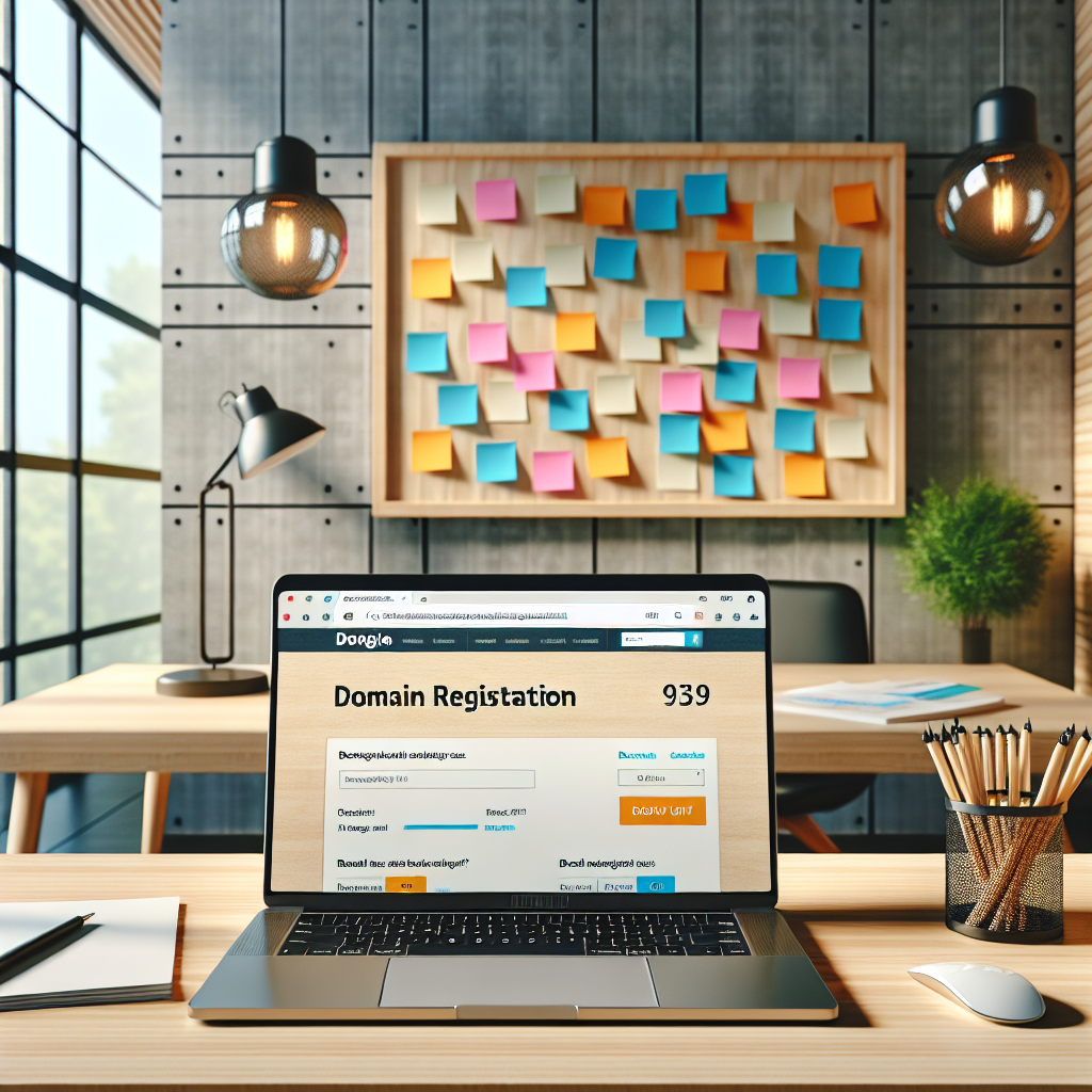 A modern workspace with a laptop, sticky notes, and natural light.