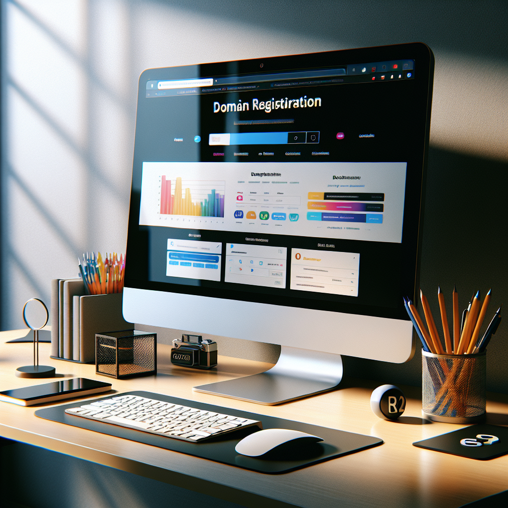 A digital workspace with a computer monitor displaying a domain registration platform.