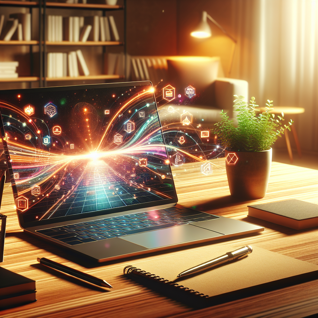 A modern computer setup showcasing a laptop, notepad, and a plant representing domain registration and hosting.