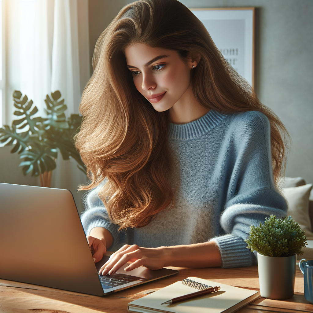 A young woman working on a laptop in a cozy home office.