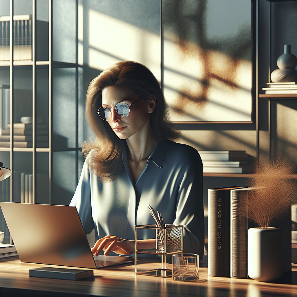 A woman researching web hosting costs in a modern office.