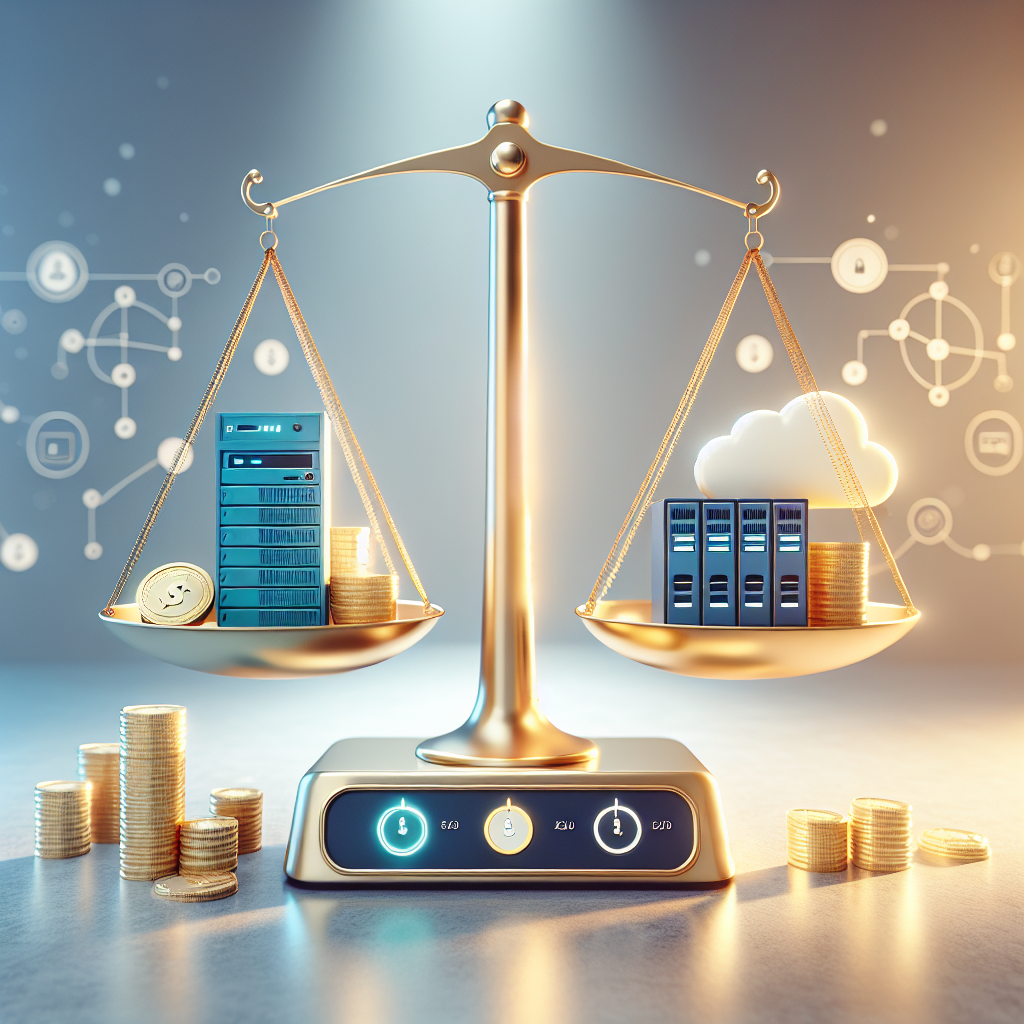 A balanced scale illustrating web hosting plans and costs.