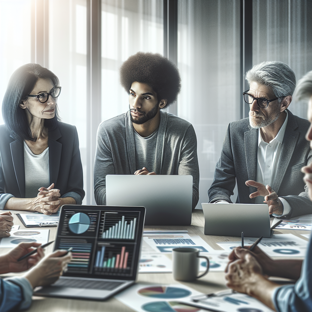 A diverse group of professionals collaborating on website optimization in a modern office setting.