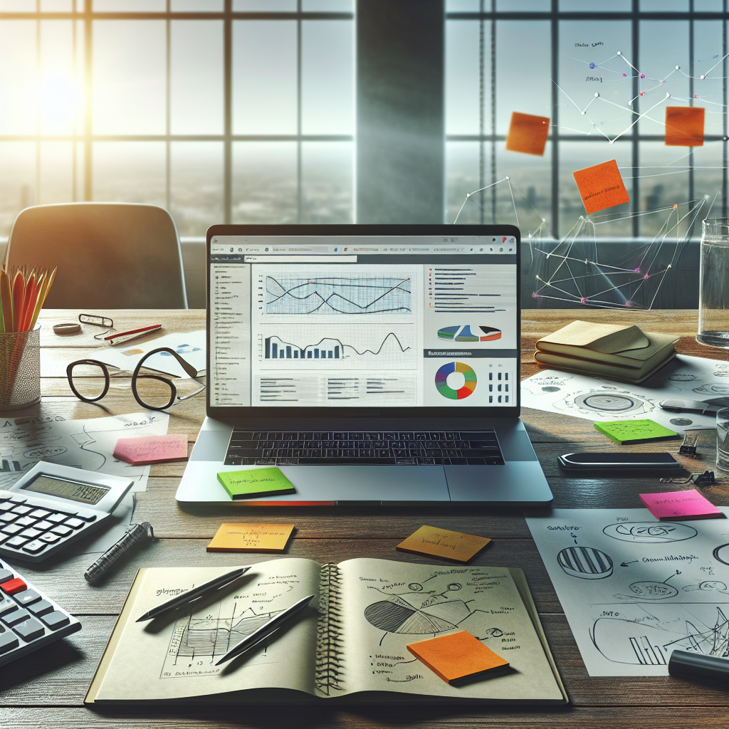 An illustration of a modern office desk with a laptop and various items symbolizing website optimization costs.