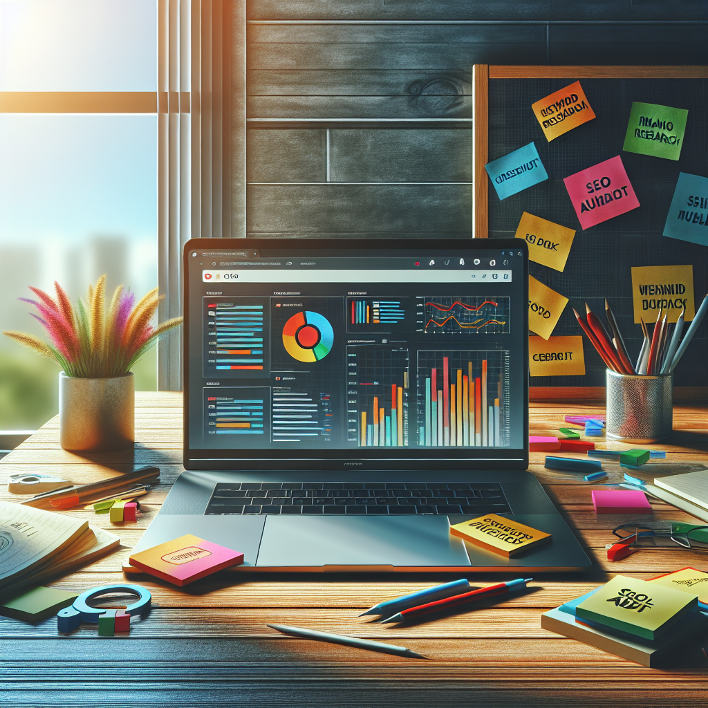 A desk with a laptop showing data analytics for website optimization costs, surrounded by colorful post-it notes.