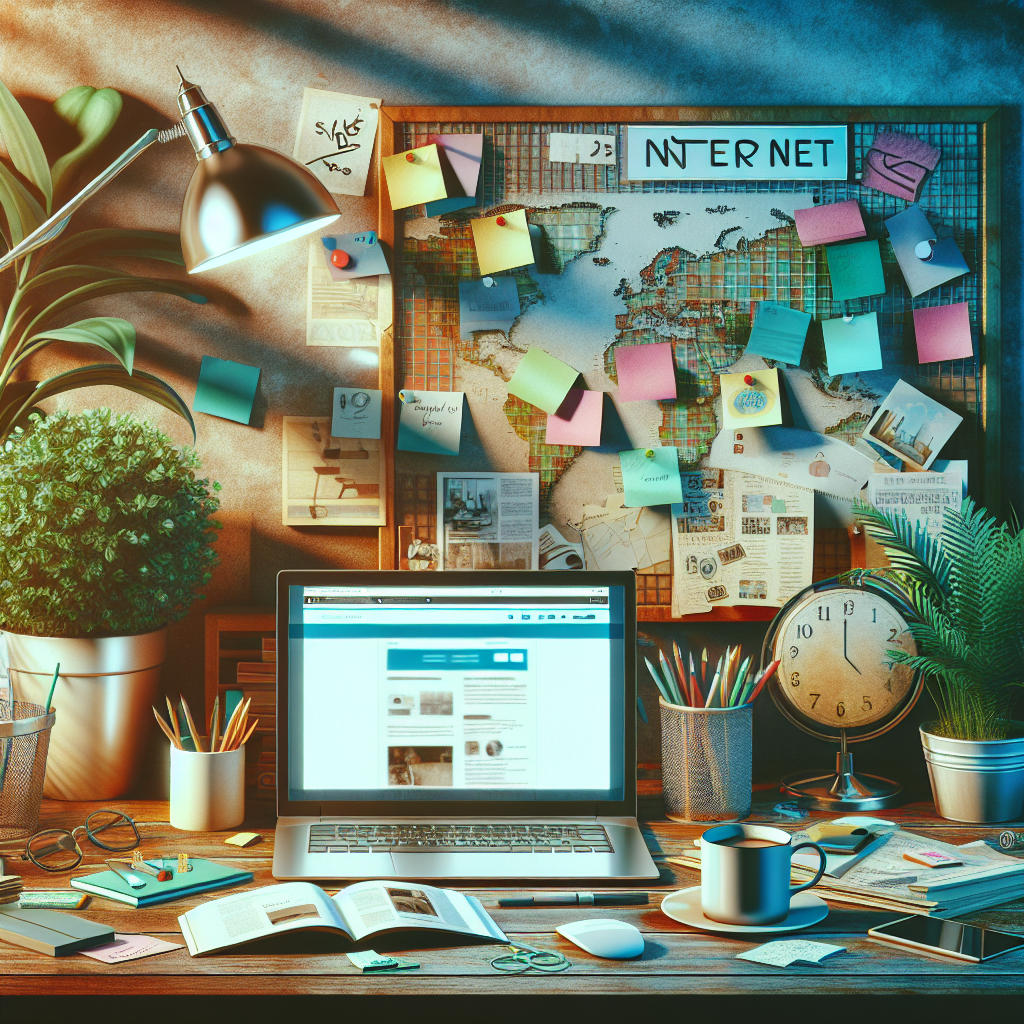 A diverse workspace setup for an online business with a laptop, notes, coffee, and a potted plant.