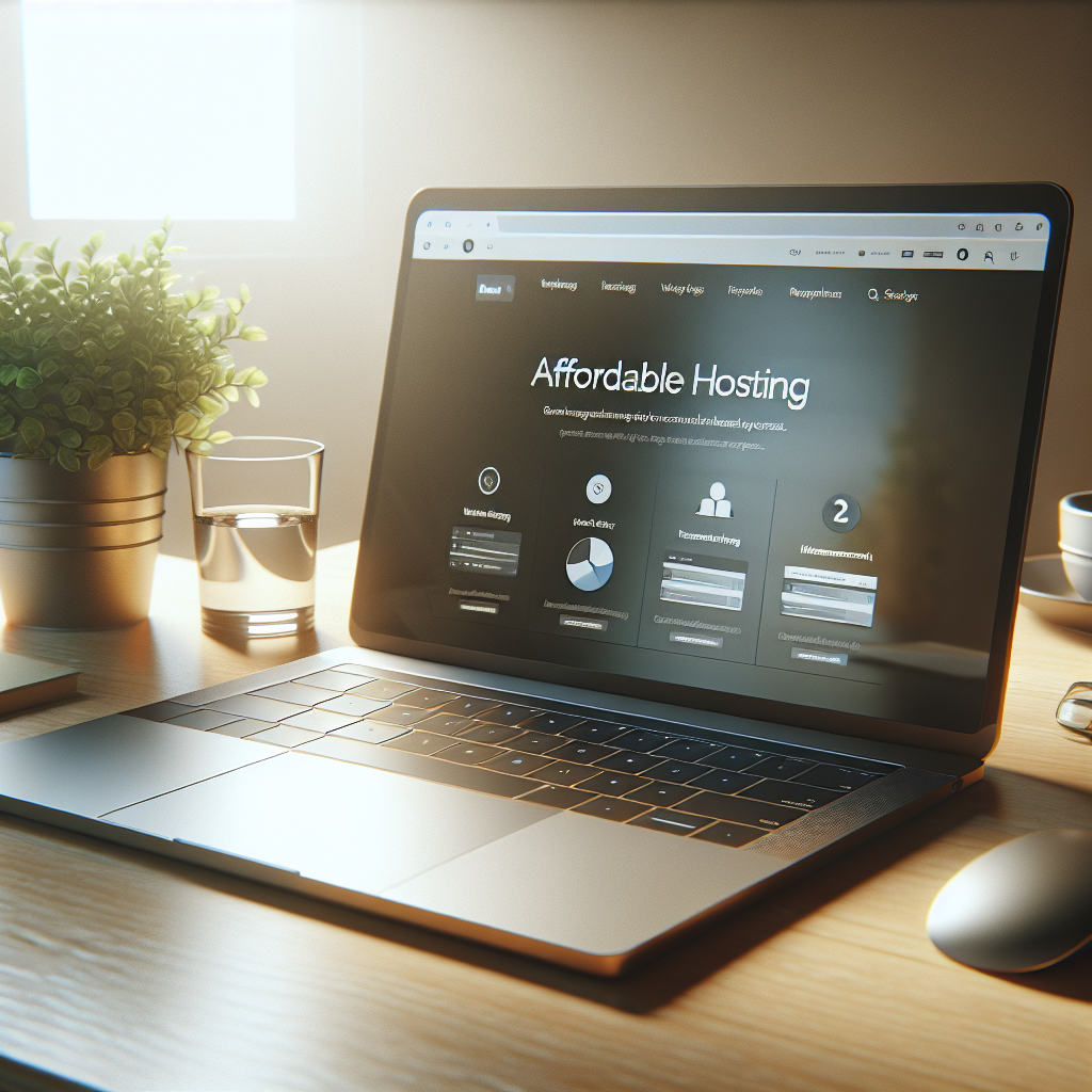 A laptop on a wooden desk displaying a website about affordable hosting options.