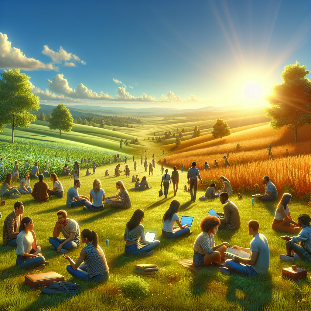A serene landscape with a diverse group of people discussing affordable web hosting options.