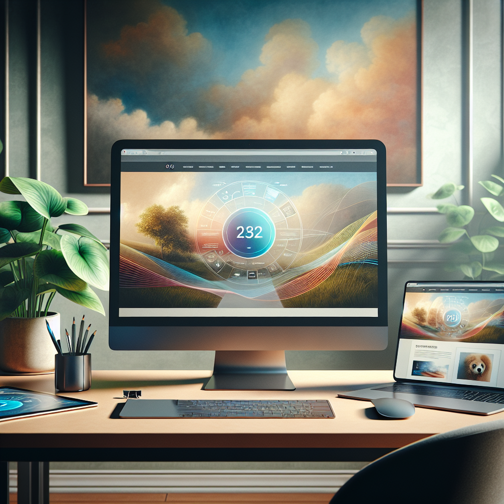 A digital workspace showcasing a computer screen with a website interface in a modern office setting.