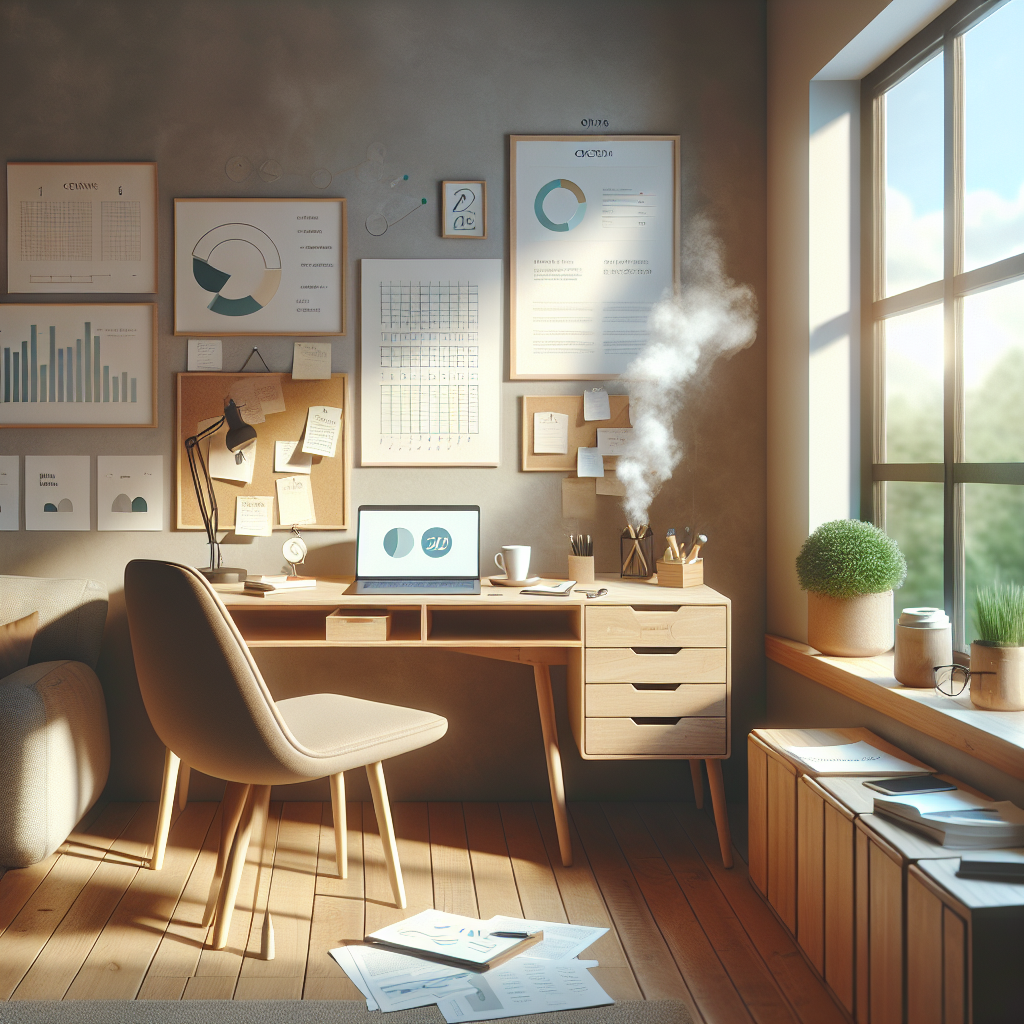 A small business office workspace featuring a desk with a laptop and plants.