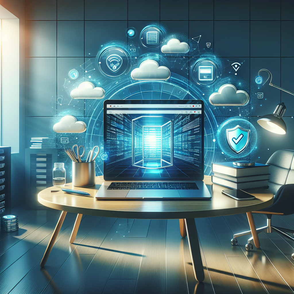 A modern office desk with a laptop and digital elements symbolizing web hosting services.