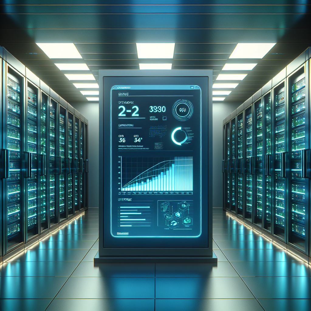 A modern web hosting service environment with servers and performance metrics.