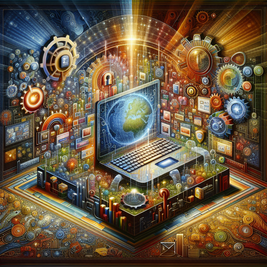 A vibrant digital landscape illustrating web hosting services with symbolic elements around a glowing computer.