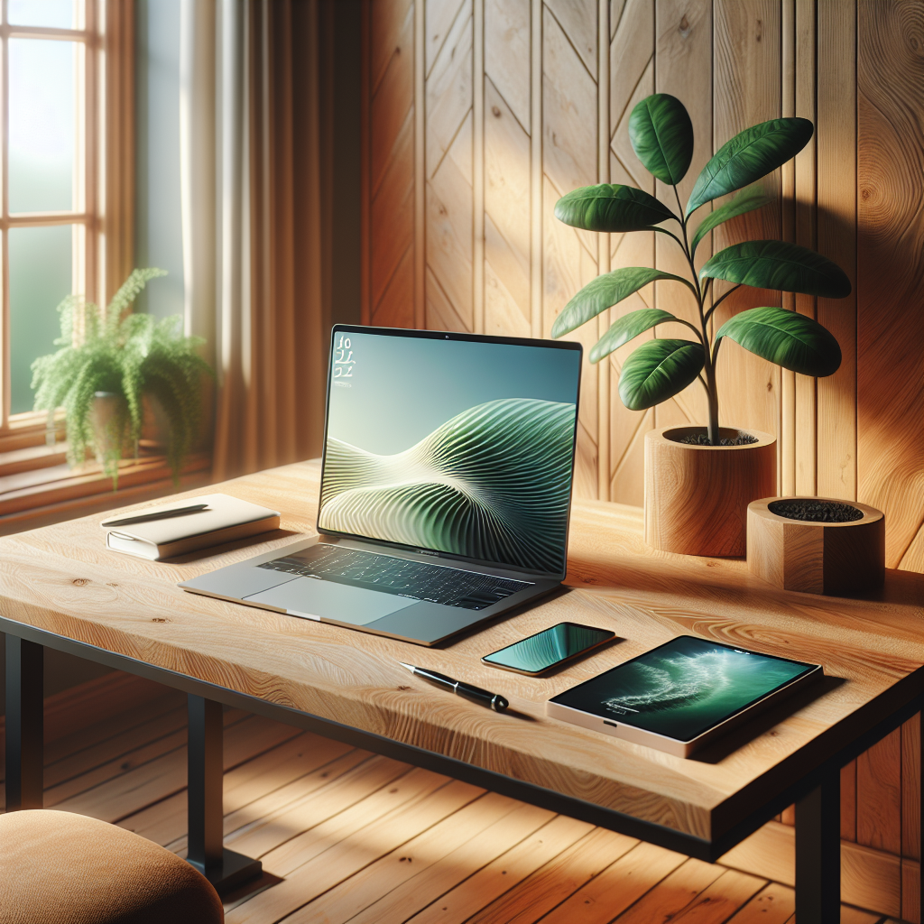 A digital workspace featuring a laptop, smartphone, notepad, and a plant.