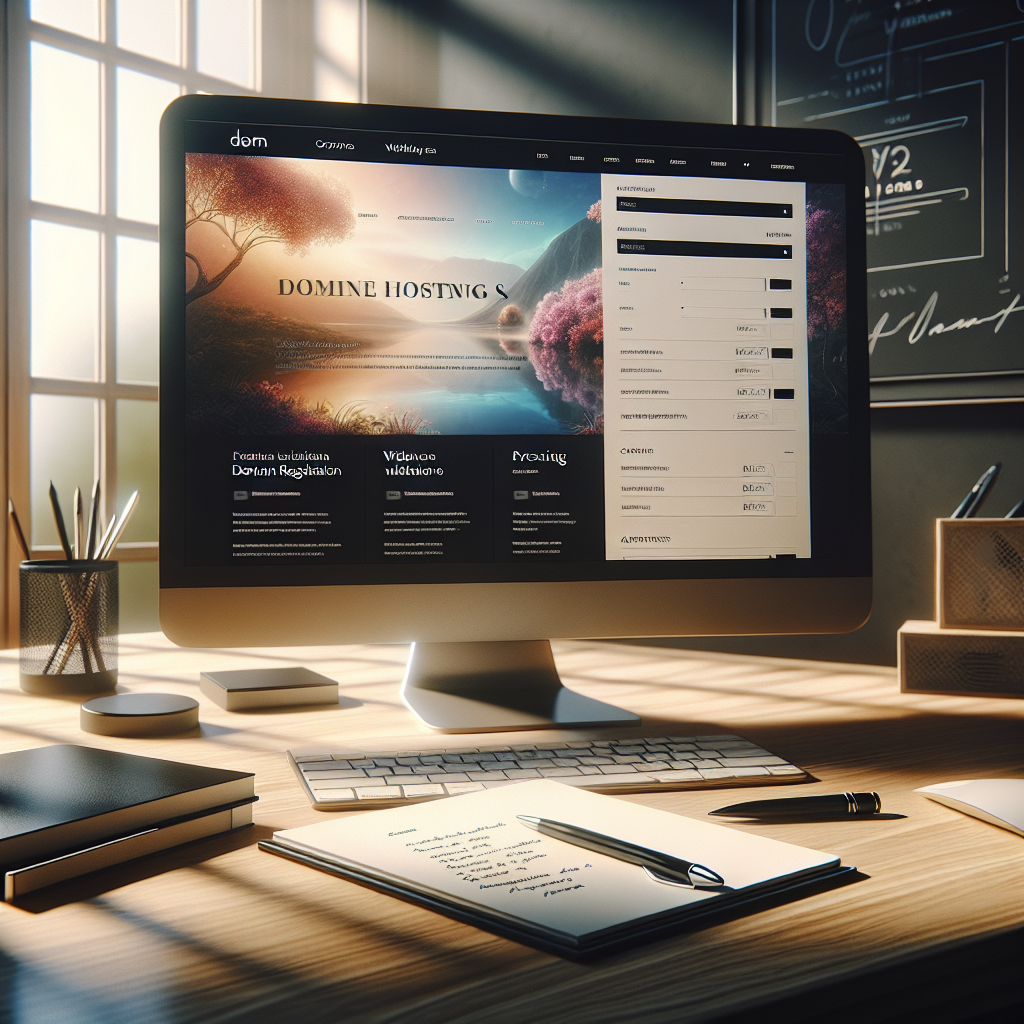 A digital workspace with a computer displaying a website about domain registration and hosting services.
