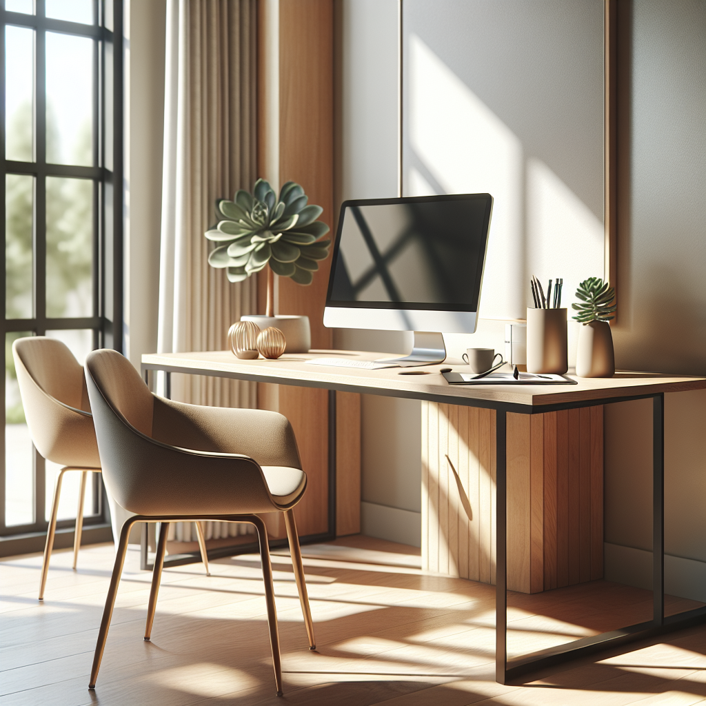 A modern home office with a wooden desk, computer, notepad, pen, and a potted succulent plant, illuminated by natural light through a large window.