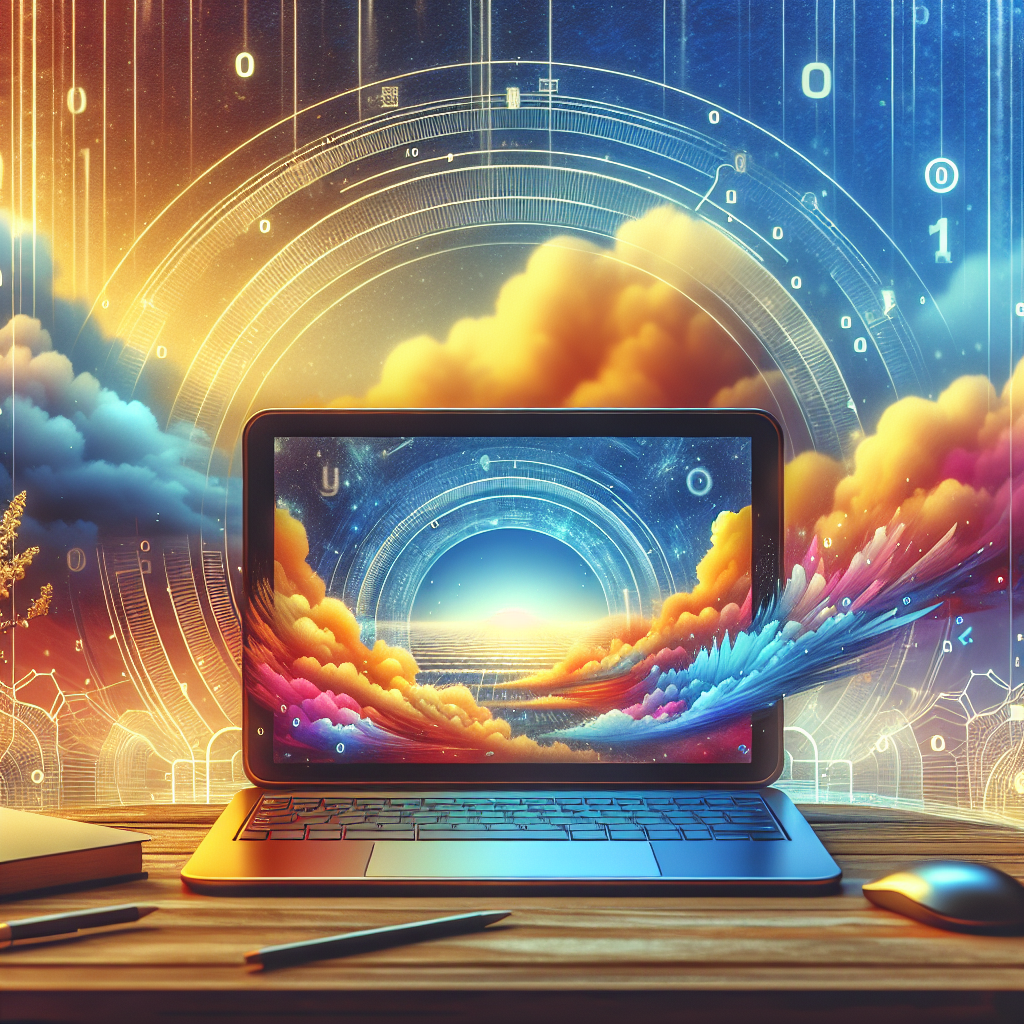 A digital landscape symbolizing cheap domain registration and hosting, featuring a laptop and abstract elements.