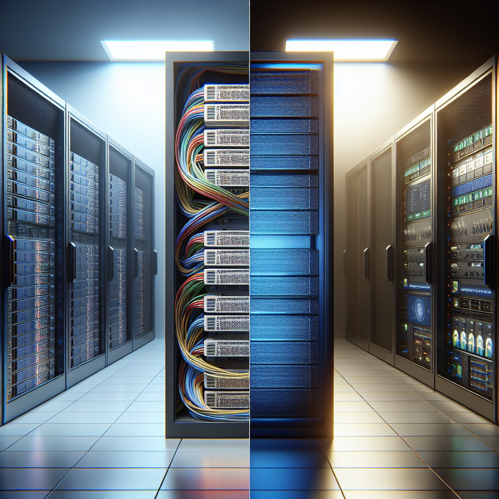 A visual representation of web hosting costs with a split-screen of shared and dedicated hosting servers.