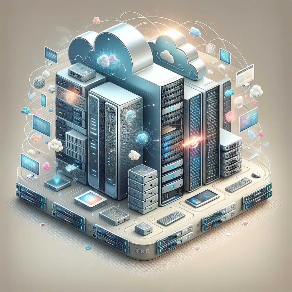 Various types of web hosting services represented visually with illustrations of shared, VPS, dedicated, and cloud hosting.