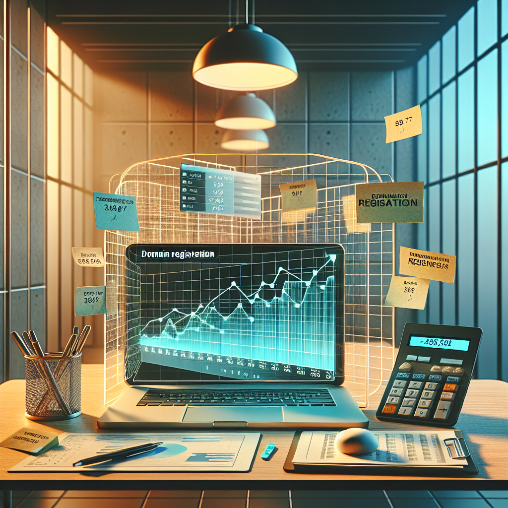 A digital workspace showing a laptop, calculator, and notes about domain registration costs.