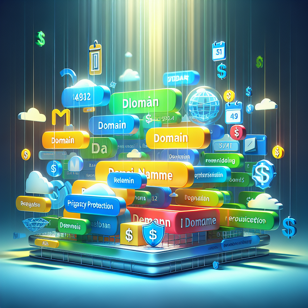 An illustrative representation of domain registration costs with colorful 3D domain names and cost-related icons.