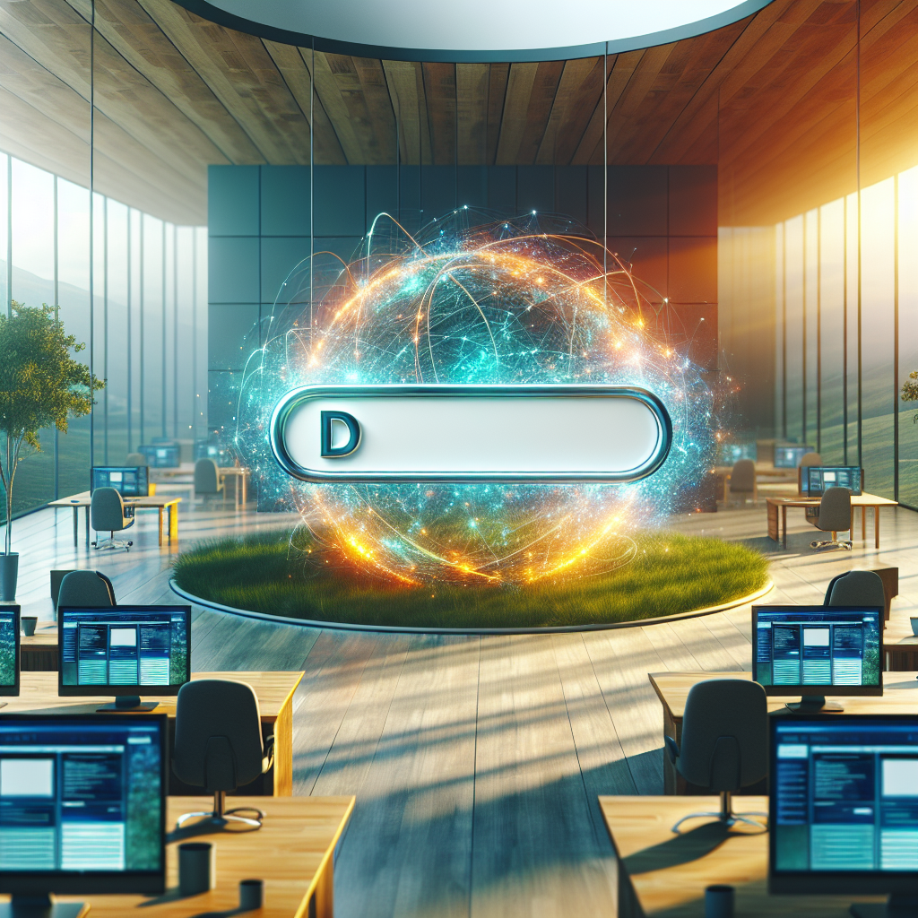 An abstract digital landscape showing the concept of buying and hosting a domain name with a glowing sign and computer screens.