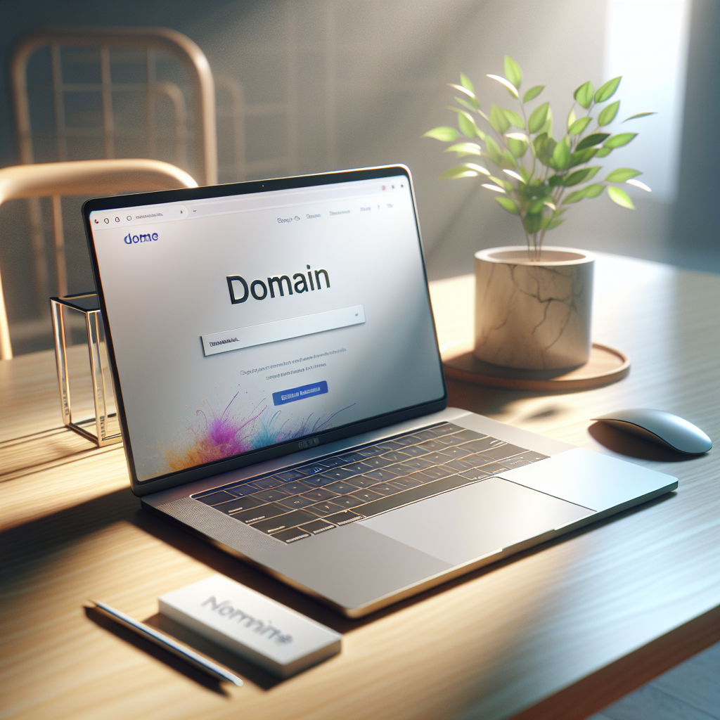 A modern workspace with a laptop and a domain name card on a desk.