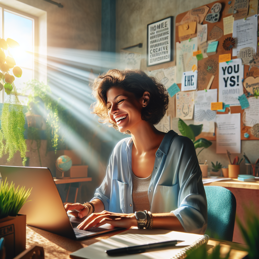 A young entrepreneur working on a laptop in a cozy home office.